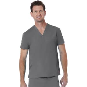 A unisex v-neck top in grey, featuring short sleeves and a pocket on the front, with a logo present.