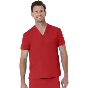 A red unisex V-neck top with short sleeves, featuring a pocket, worn by a smiling model.