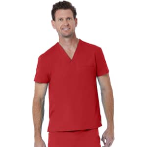 A red unisex V-neck top featuring a pocket, modelled by a man. The garment has a simple design and includes a logo.