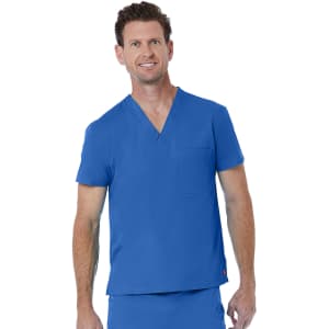 A unisex v-neck top in bright blue, featuring short sleeves and a pocket on the left side.