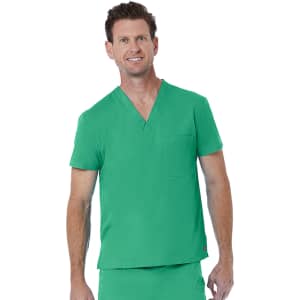 A green unisex V-neck top with a pocket, displayed on a model. It features a logo on the garment.