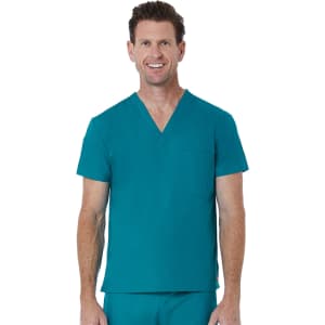A unisex v-neck top in teal, featuring a pocket and a branding logo. The model is smiling and standing upright.