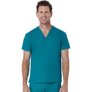 A unisex V-neck top in teal, featuring a pocket and a logo on the side. Modelling by a smiling man.
