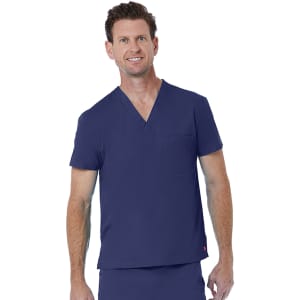 A unisex v-neck top in navy blue with short sleeves and a chest pocket, featuring a logo.