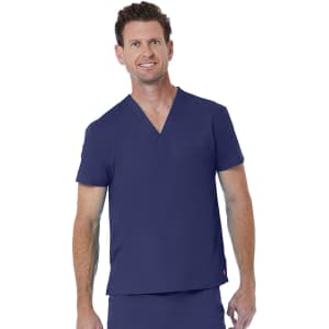 A unisex V-neck top in navy blue, featuring a pocket and short sleeves, worn by a smiling male model.