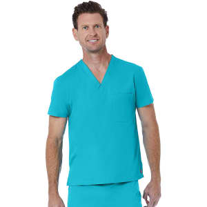 A male model wearing a vibrant turquoise unisex V-neck top with a chest pocket. The top features a logo.