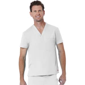 A unisex V-neck top in light grey with a pocket and a brand logo, worn by a smiling model.