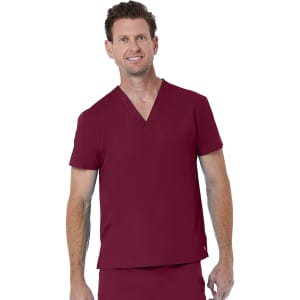 A unisex V-neck top in deep red with short sleeves and a pocket, featuring a logo on the side.