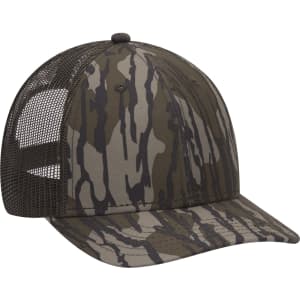 A camouflage cap featuring a six-panel design with a mesh back and a curved brim. It has a logo on the front.