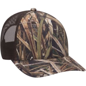 A camo 6 panel low profile baseball cap featuring a brown and green camouflage pattern with a mesh back.