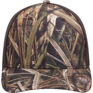 A camouflage 6 panel low profile baseball cap featuring a blend of browns and greens with a textured design.