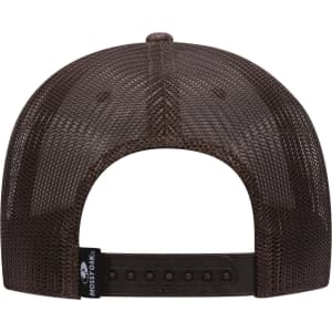 A brown mesh baseball cap featuring a low profile and an adjustable strap at the back, complete with a logo.