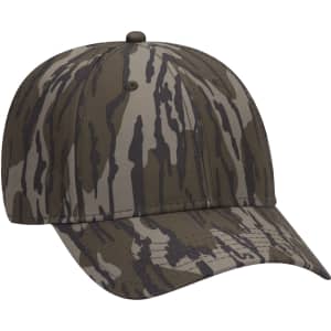 A camouflage baseball cap featuring shades of green and brown, with a rounded peak and a logo on the front.