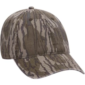 A camouflage baseball cap featuring shades of green and brown, with a six-panel design and a logo.