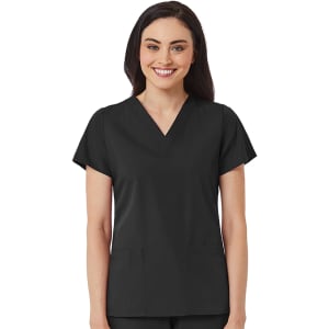 A black women's V-neck top featuring short sleeves and two front pockets, with a logo on the left side.