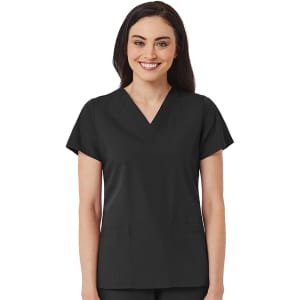A women's v-neck top in black, featuring short sleeves and two front pockets. It includes a logo on the fabric.
