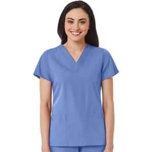 A women's V-neck top in a light blue colour, featuring short sleeves and two front pockets. It has a brand logo.