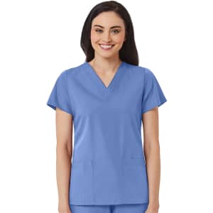 A women's V-neck top in a light blue colour, featuring short sleeves and two front pockets.