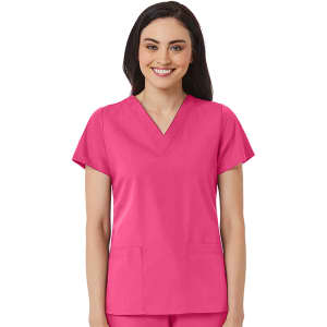 A women's V-neck top in vibrant pink, featuring short sleeves and two front pockets. It has a logo on the side.
