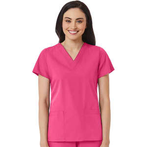 A women's v-neck top in bright pink with short sleeves and two front pockets, featuring a logo.