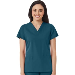 A women's V-neck top in teal, featuring short sleeves and front pockets, presented on a model.