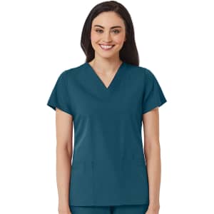 A women's V-neck top in teal, featuring short sleeves and two front pockets, with a logo on the side.