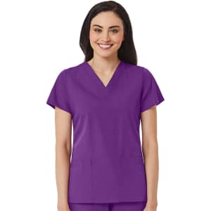 A women's V-neck top in vibrant purple, featuring short sleeves and two front pockets. It has a logo on the chest.