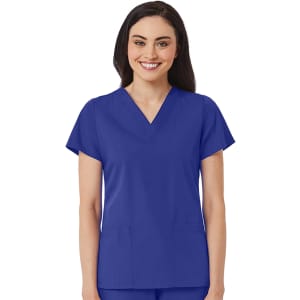 A women's V-neck top in blue with short sleeves and two front pockets, featuring a branding logo.