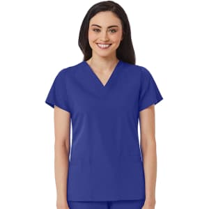 A women's V-neck top in a vibrant blue colour with short sleeves and two front pockets, featuring a logo.
