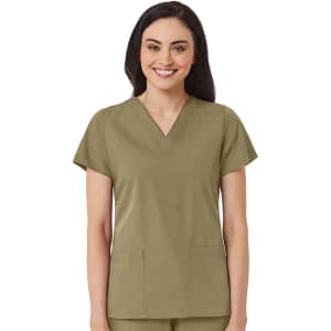 A women's V-neck top in olive green, featuring short sleeves and two front pockets. It has a logo on the fabric.