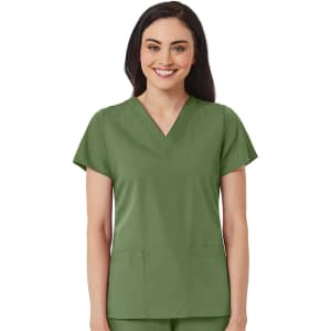 A women's v-neck top in green, featuring short sleeves and two front pockets, with branding visible.