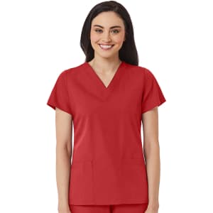 A red women's V-neck top with short sleeves and two front pockets. The model features a smiling expression.