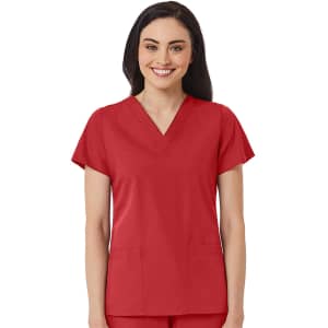 A red women's V-neck top with short sleeves and two front pockets, featuring a branding logo.