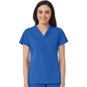 A person wearing a V-neck top in bright blue with short sleeves and two front pockets. The top has a logo.