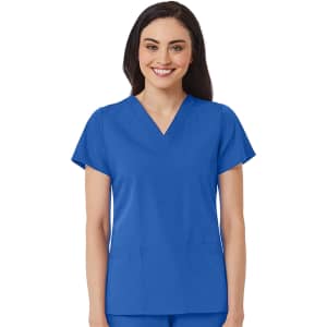 A women's V-neck top in a vibrant blue colour, featuring short sleeves and two front pockets.