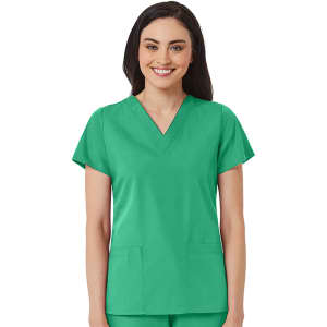 A women's v-neck top in a vibrant green colour, featuring short sleeves and two front pockets.