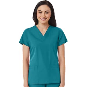 A women's V-neck top in teal, featuring short sleeves and two front pockets, with a logo on the fabric.
