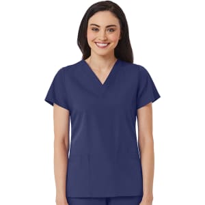 A woman wears a navy blue V-neck top with short sleeves, featuring two front pockets. The image includes a logo.