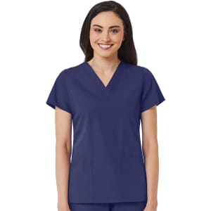 A navy women's V-neck top with short sleeves and two front pockets, featuring branding.