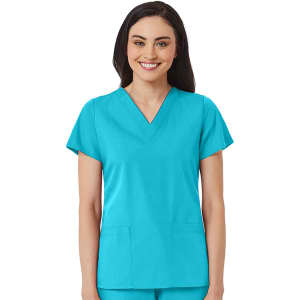 A women's v-neck top in a vibrant turquoise colour, featuring short sleeves and two front pockets.