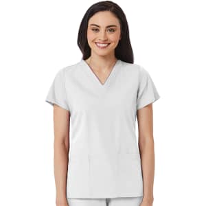 A women's V-neck top in light grey, featuring short sleeves and two front pockets. It has a logo on the chest.