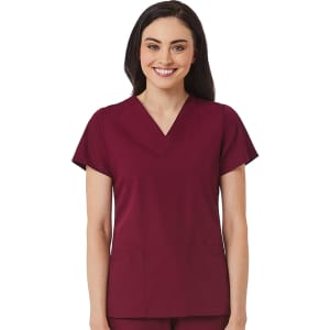 A burgundy women's v-neck top with short sleeves and two front pockets, featuring a logo.
