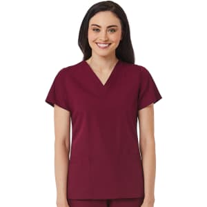 A women's v-neck top in burgundy, featuring short sleeves and a relaxed fit with two front pockets.