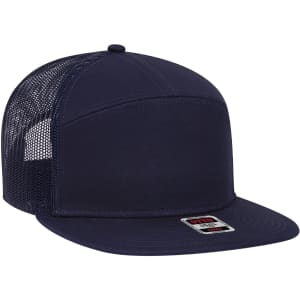 A navy 7-panel trucker snapback hat featuring a mesh back and a logo detail on the front.