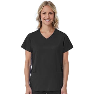 A women's mock wrap top in black with a V-neck and two front pockets. The top features a logo on it.