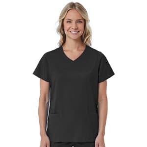 A women's mock wrap top in black, featuring short sleeves and a V-neck design with two front pockets.