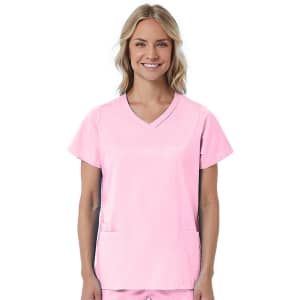 A pink women's mock wrap scrub top featuring short sleeves and two front pockets, with a logo on the fabric.