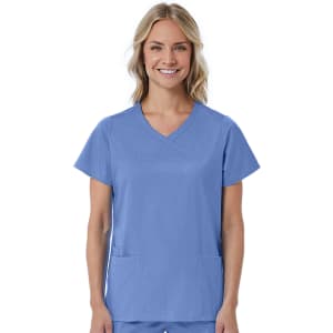 A blue mock wrap top for women, featuring short sleeves and two front pockets, displayed on a model.