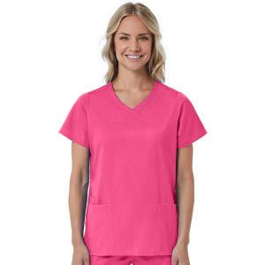 A women's mock wrap top in bright pink, featuring short sleeves and two front pockets, with a logo on the side.