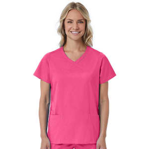 A pink women's mock wrap top featuring short sleeves and two front pockets, with a brand logo.